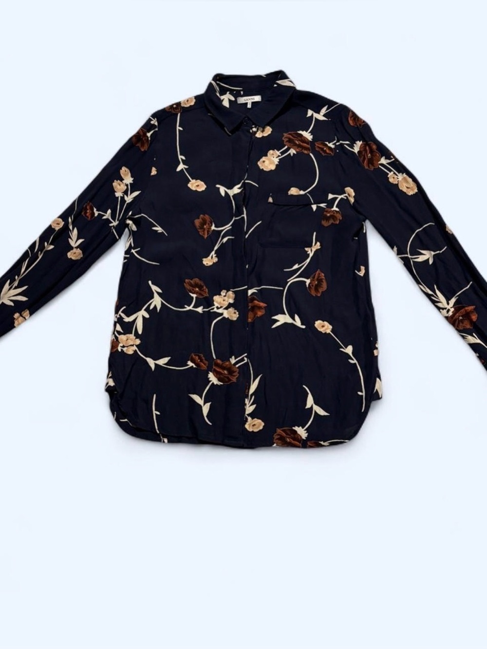 Ganni Dalton Crepe Floral Print Shirt Blouse Navy Sz S EU 36 Boho Small Hole - Picture 2 of 7